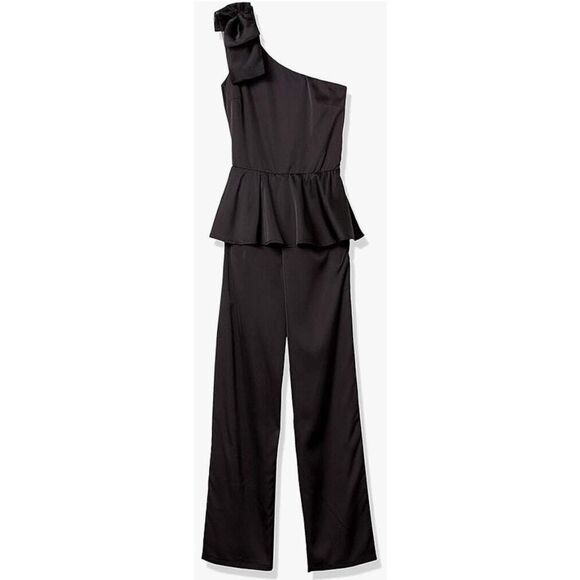 One-Shoulder Silky Stretch Jumpsuit with Peplum Flounce- The Drop,  Black XS - Picture 5 of 5